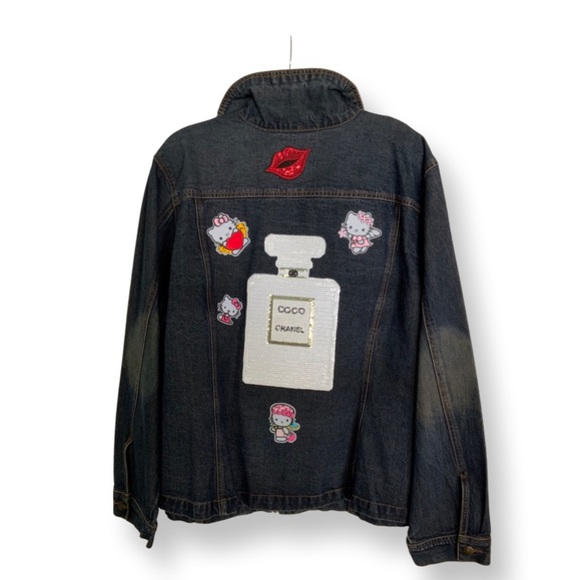 Beautiful revamped Venezia dark denim jacket with custom patch work.EUC - Picture 2 of 12